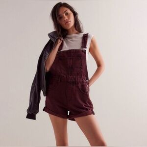New Free People Ziggy Denim Shortalls Overalls in Red Black XS